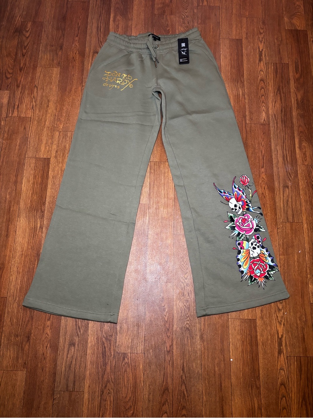 Ed Hardy Olive Green Sweatpants with Colorful Floral Skull Print
